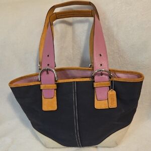 Coach Navy Canvas Tote with Pink Straps and Tan Trim